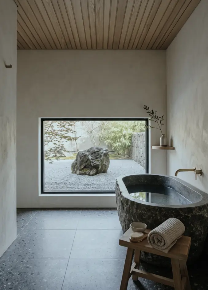38 Japandi Style Bathroom Ideas for a Quietly Beautiful Space 37 Japandi style bathroom with a carved granite tub, timber board ceiling, and a view of a dry rock garden