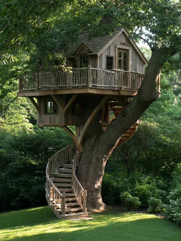55 Treehouse Design Ideas, From Backyard Platforms to Canopy Cabins 37 Treehouse design ideas with a two-level timber cabin, branch railings, knee braces and a curving stair around a trunk