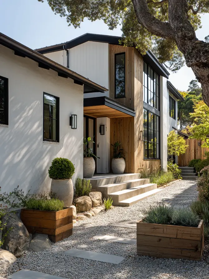 47 White Houses With Black Trim and Wood Accents We Love 37 Rough oak planter boxes lining a gravel path to a wood-clad white house entry