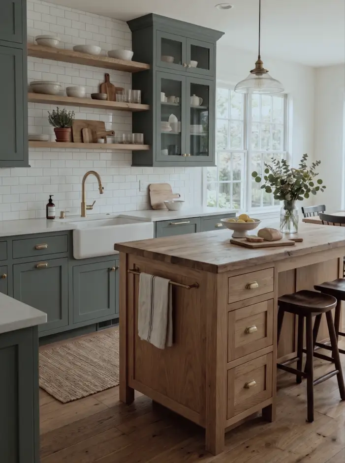 Farmhouse Kitchen Design Ideas: 36 Ways to Get the Look 37 Farmhouse kitchen with muted green shaker cabinets, a natural wood butcher-block island, brass hardware, and an apron sink