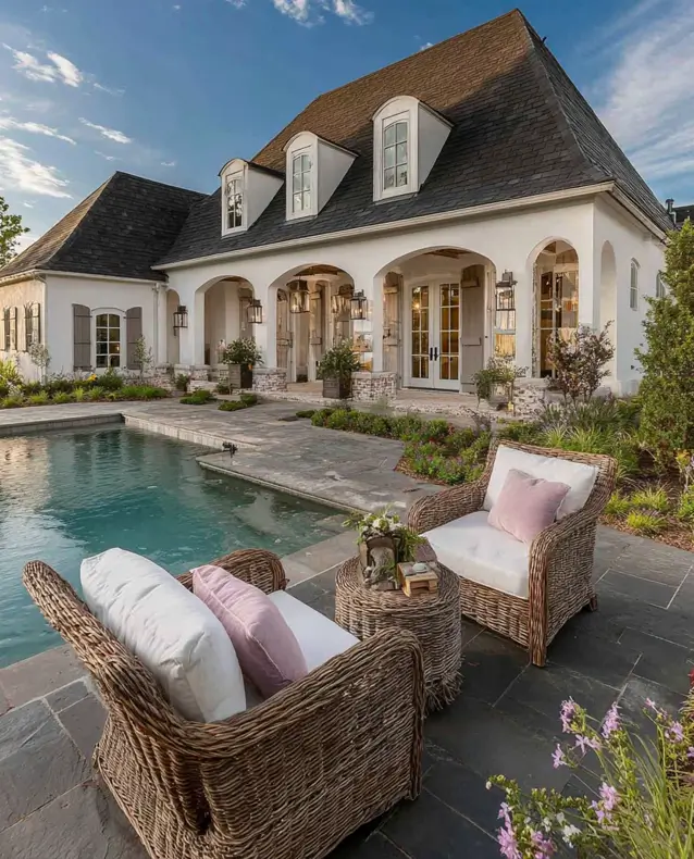 French Country House Style: An Architect's Guide to the Exterior Look 38 French Country House Design home with an arched loggia porch, arched dormers, and a flagstone pool terrace
