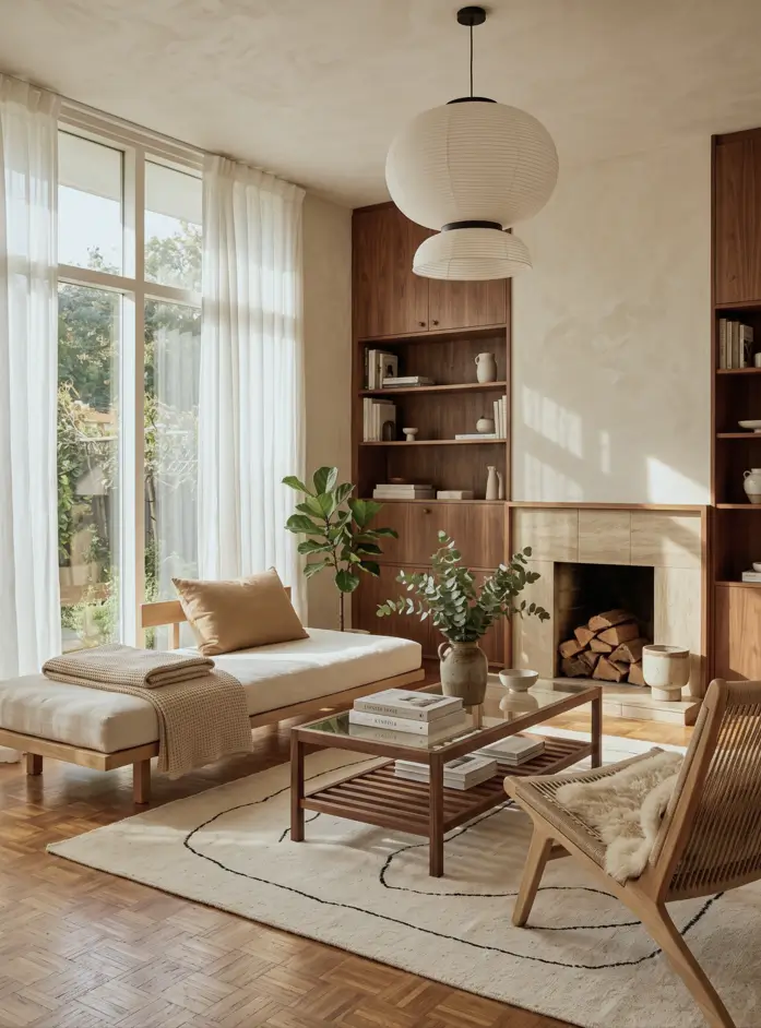 Japandi Style Living Room: Where Japanese Calm Meets Scandinavian Warmth 38 Sunlit Japandi living room with tiered paper lanterns, an oak daybed, travertine fireplace, and walnut shelving