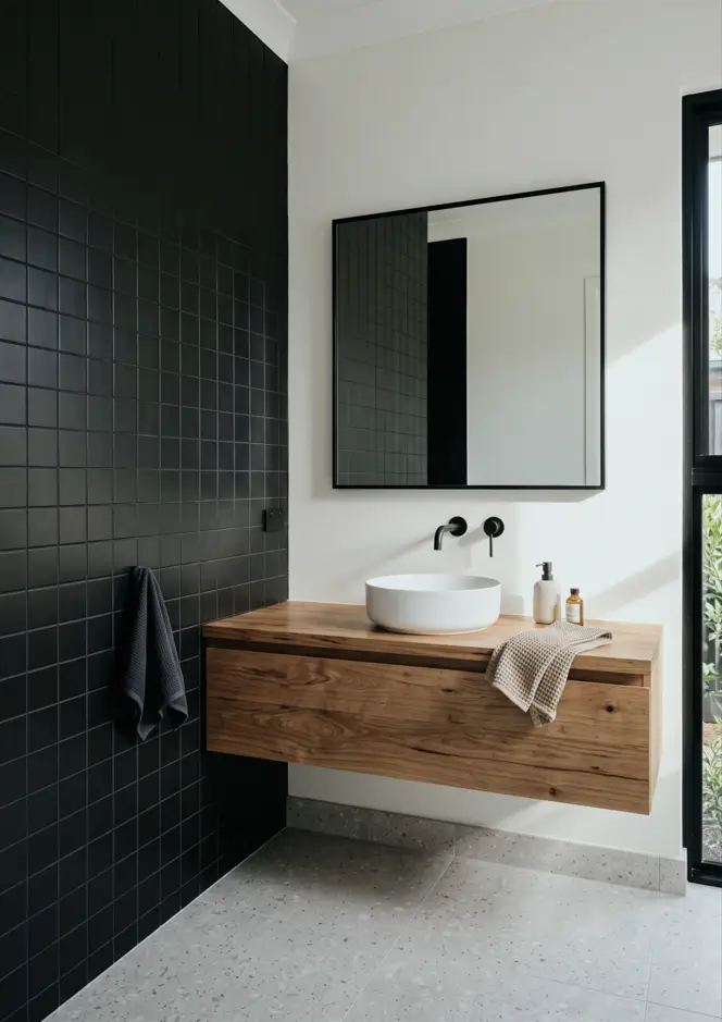 38 Japandi Style Bathroom Ideas for a Quietly Beautiful Space 38 Japandi style bathroom with a matte black tile wall, floating timber vanity, and terrazzo floor