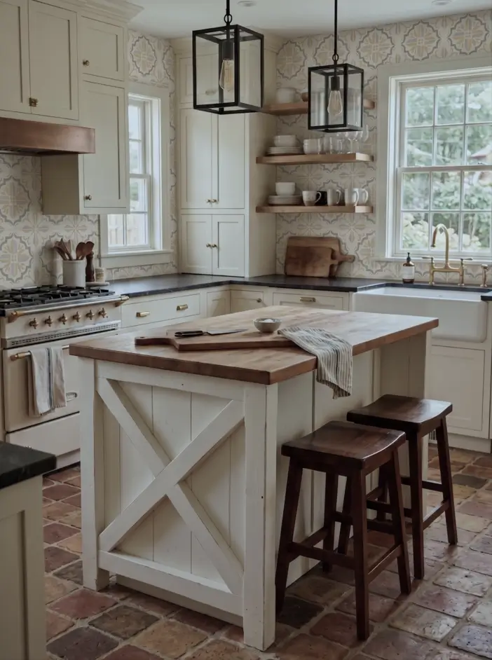 Farmhouse Kitchen Design Ideas: 36 Ways to Get the Look 38 Cottage farmhouse kitchen with patterned wallpaper, cream cabinets, a white X-brace island, copper hood, and a terracotta brick floor