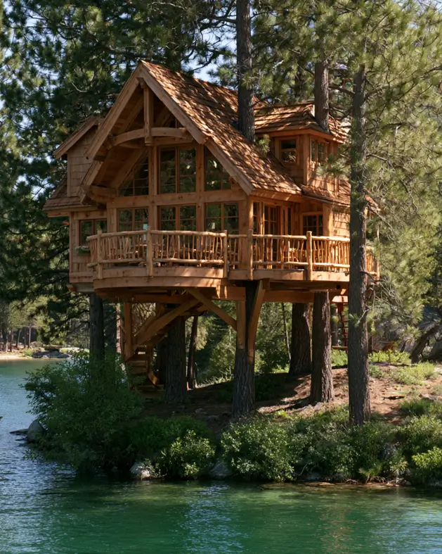 55 Treehouse Design Ideas, From Backyard Platforms to Canopy Cabins 38 Treehouse design ideas with cedar shingles, a branch railing and a heavy timber truss frame above a lakeshore
