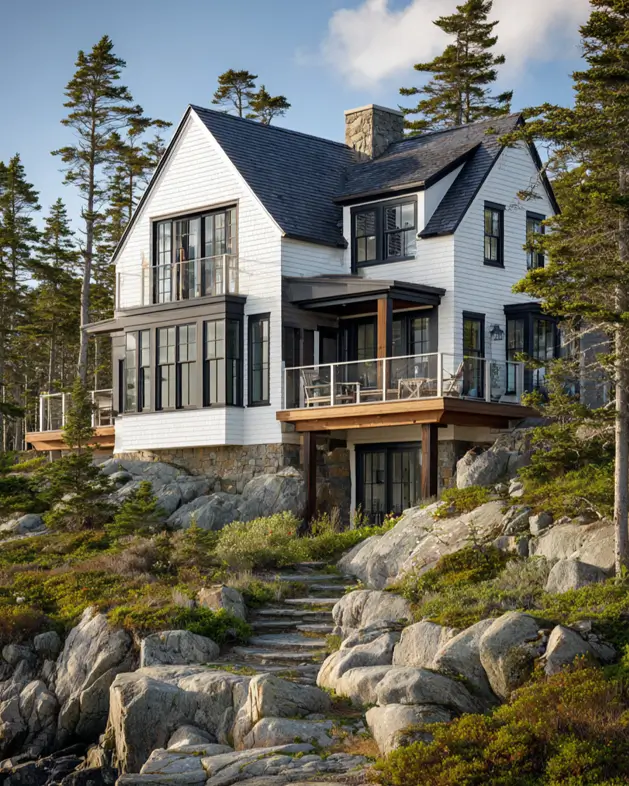 47 White Houses With Black Trim and Wood Accents We Love 38 Coastal white shingle house with black trim and wood accents in a timber-framed deck
