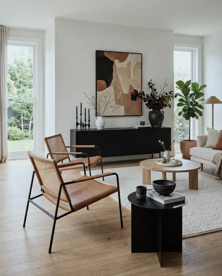 Japandi Style Living Room: Where Japanese Calm Meets Scandinavian Warmth 39 Bright Japandi living room with a black sideboard, tan leather cane chairs, oak coffee table, and abstract art