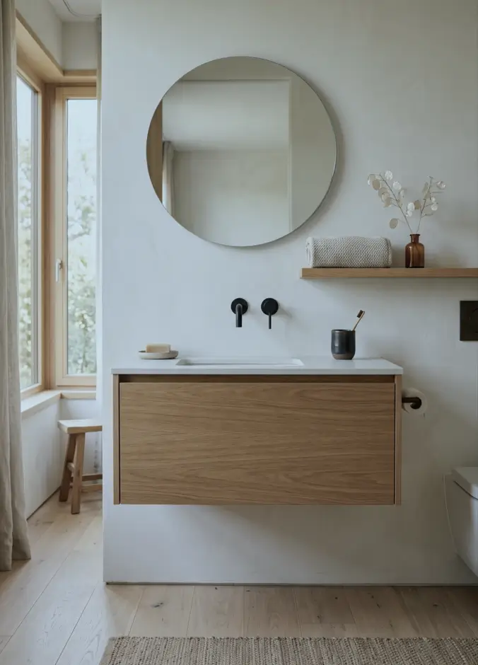 38 Japandi Style Bathroom Ideas for a Quietly Beautiful Space 39 Japandi style bathroom with an oak floating vanity, limewash walls, and a timber plank floor