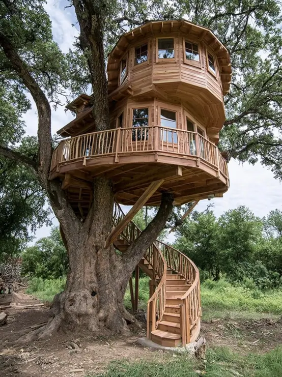 55 Treehouse Design Ideas, From Backyard Platforms to Canopy Cabins 39 Treehouse design ideas with a curved timber drum on two levels, branch railings and a spiral stair around a live oak