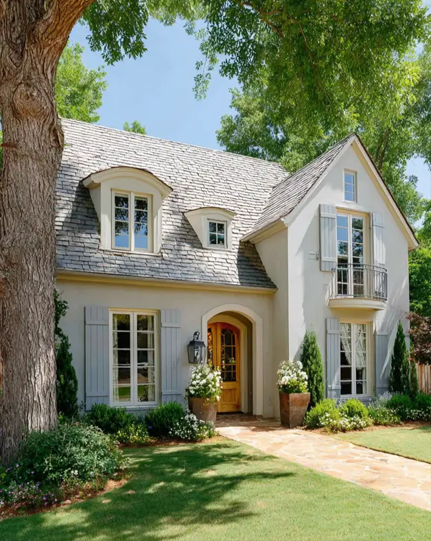 French Country House Style: An Architect's Guide to the Exterior Look 40 French Country House Style stucco cottage with a natural wood arched door, blue-gray shutters, and slate roof
