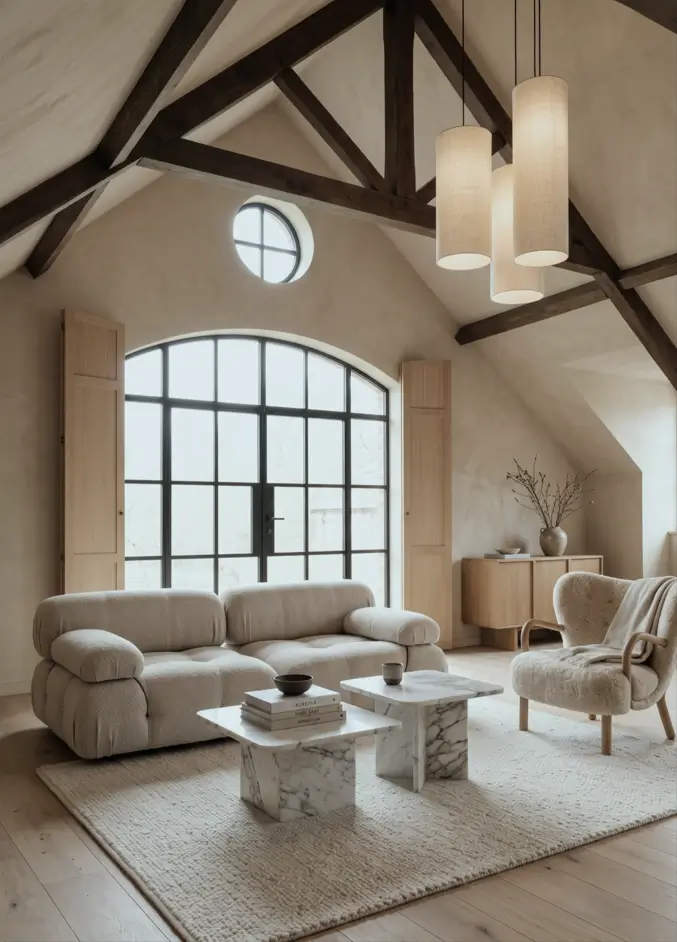 Japandi Style Living Room: Where Japanese Calm Meets Scandinavian Warmth 40 Vaulted Japandi living room with exposed timber trusses, a bouclé sofa, marble tables, and arched window