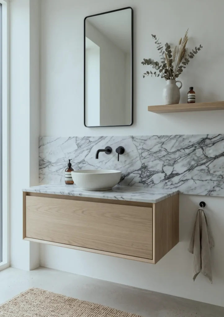 38 Japandi Style Bathroom Ideas for a Quietly Beautiful Space 40 Japandi style bathroom with a veined marble backsplash, oak floating vanity, and matte black tapware