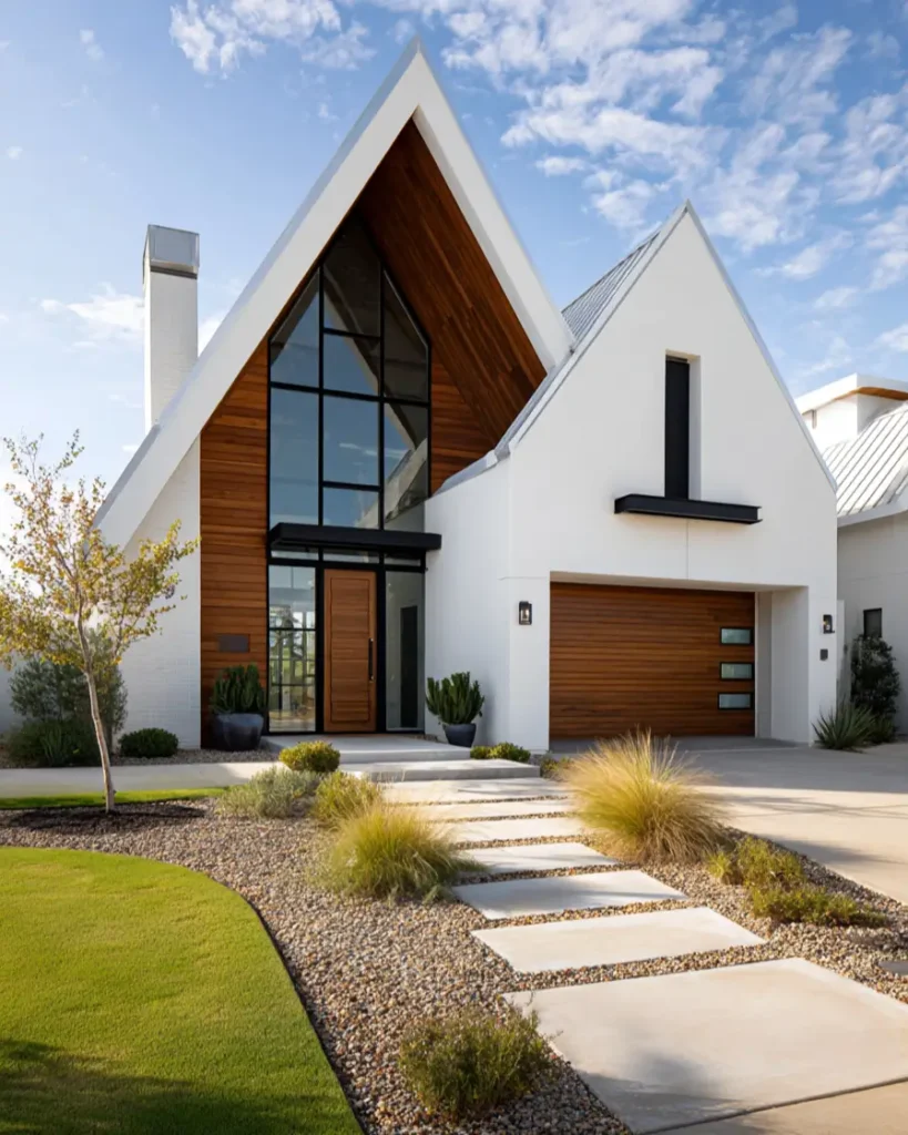 47 White Houses With Black Trim and Wood Accents We Love 40 Modern white house with black trim and walnut wood accents on the A-frame gable and garage door