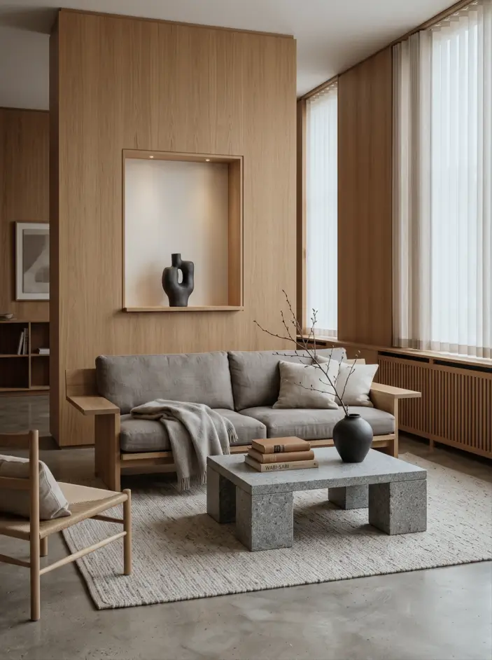 Japandi Style Living Room: Where Japanese Calm Meets Scandinavian Warmth 41 Japandi living room with a solid granite coffee table, grey linen sofa, oak feature wall, and lit niche