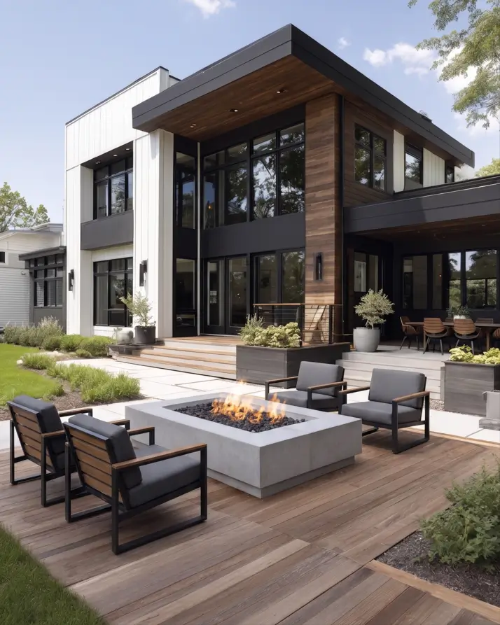 47 White Houses With Black Trim and Wood Accents We Love 41 Dark walnut shiplap corner volume anchoring a white modern house