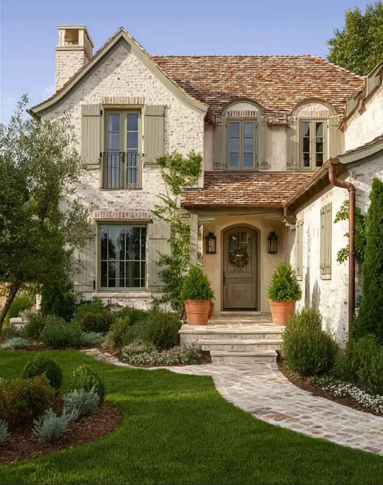 French Country House Style: An Architect's Guide to the Exterior Look 6 French Country House Style cottage with whitewashed brick, sage shutters, and an arched wood door