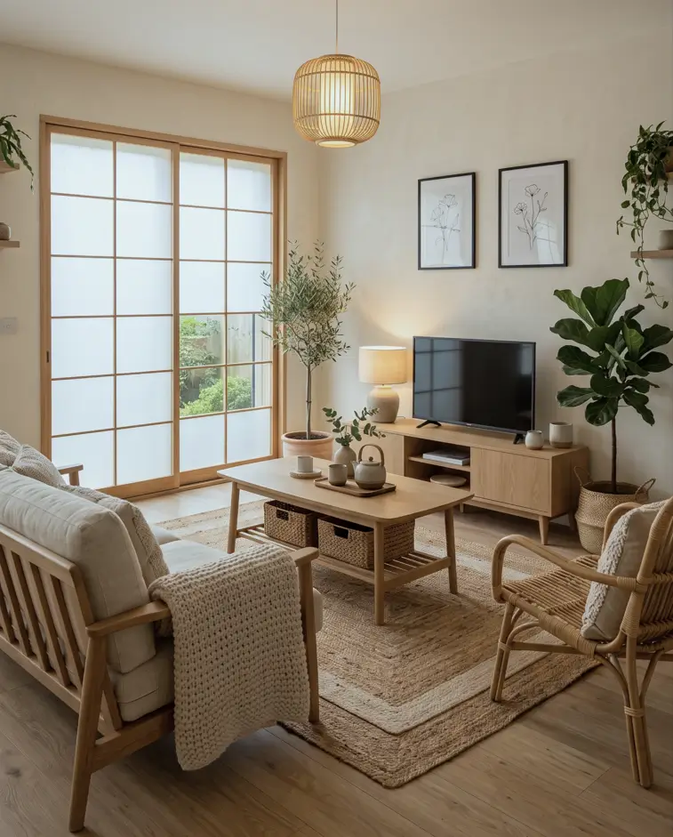 Japandi Style Living Room: Where Japanese Calm Meets Scandinavian Warmth 6 Small Japandi living room with an oak coffee table, woven storage baskets, rattan chair, and shoji screen