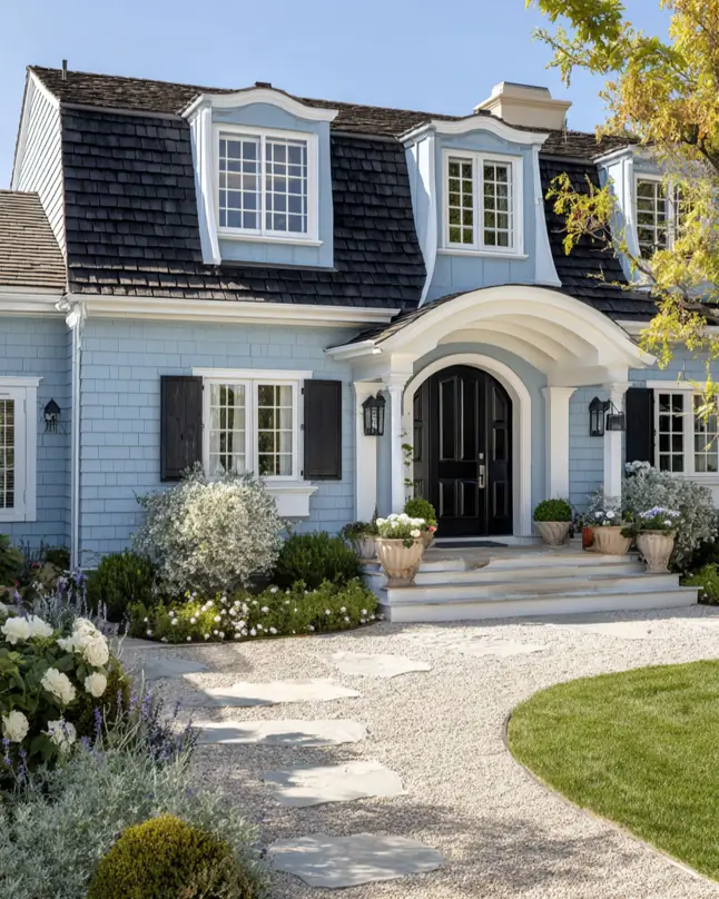 33 Blue and White Cottage Ideas That Always Feel Fresh 6 light blue and white cottage exterior with light-blue shingle siding, white trim, black shutters, black arched door, and curved mansard dormers