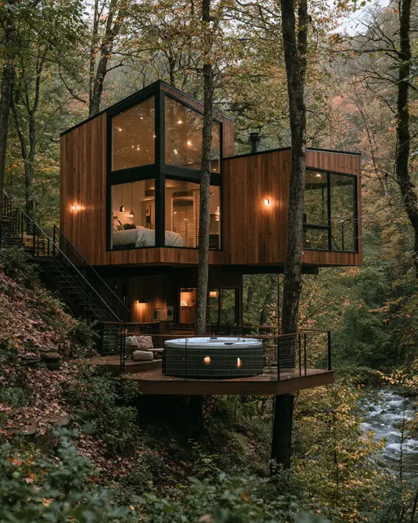 55 Treehouse Design Ideas, From Backyard Platforms to Canopy Cabins 6 Modern treehouse design ideas with a glass-cornered timber box, steel hillside stair, and a lower hot tub deck