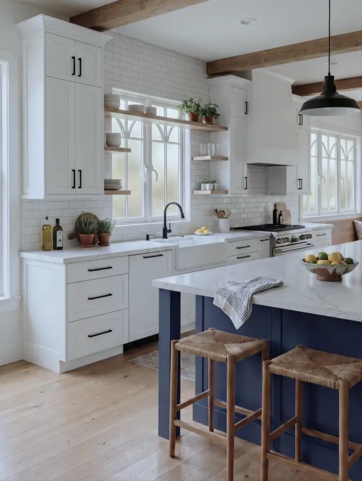 Farmhouse Kitchen Design Ideas: 36 Ways to Get the Look 6 Modern farmhouse kitchen with a navy blue island, white shaker cabinets, black hardware, and woven counter stools
