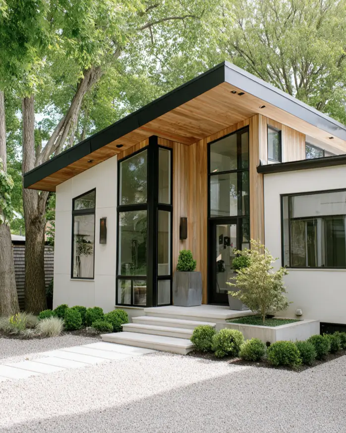 47 White Houses With Black Trim and Wood Accents We Love 6 Pale larch cladding and angled soffit at the entry of a black-trimmed white house