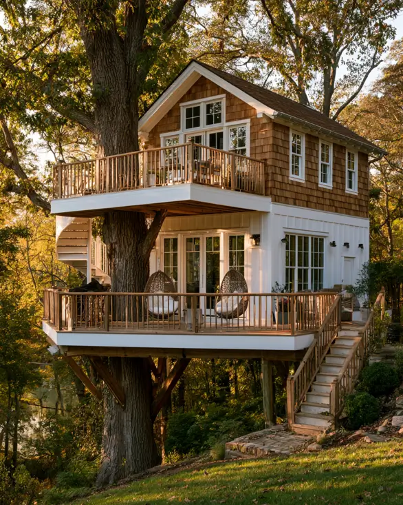 55 Treehouse Design Ideas, From Backyard Platforms to Canopy Cabins 42 Treehouse design ideas with a shingled two-storey cabin wrapped around an oak trunk on stacked decks