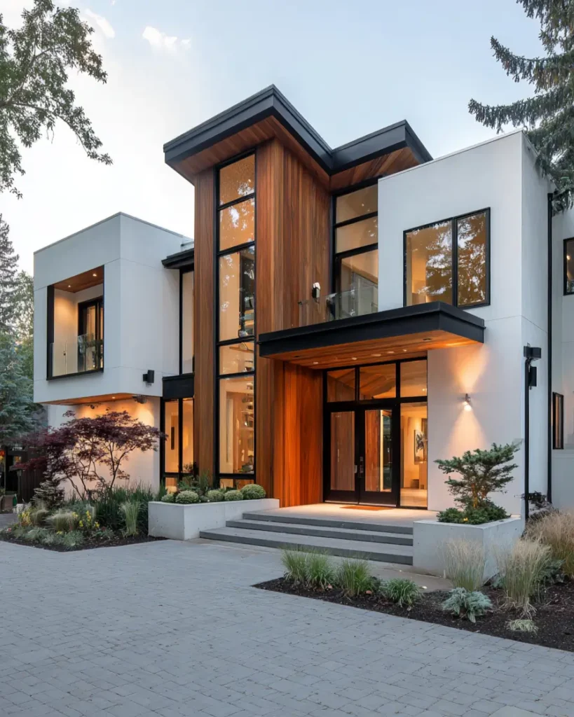 47 White Houses With Black Trim and Wood Accents We Love 42 Teak and glass entry tower glowing at dusk between white stucco volumes