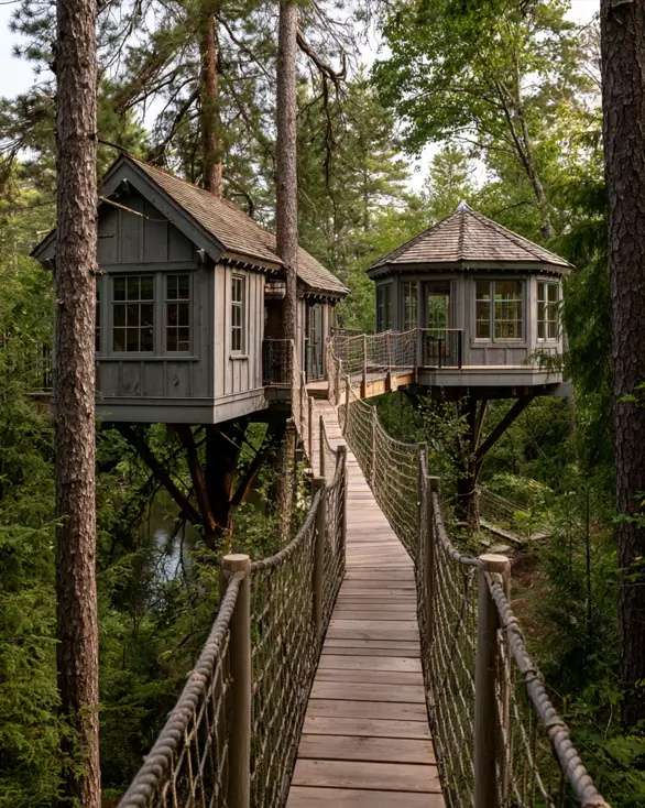 55 Treehouse Design Ideas, From Backyard Platforms to Canopy Cabins 43 Treehouse design ideas with two grey timber cabins on posts joined by a plank rope bridge with net handrails