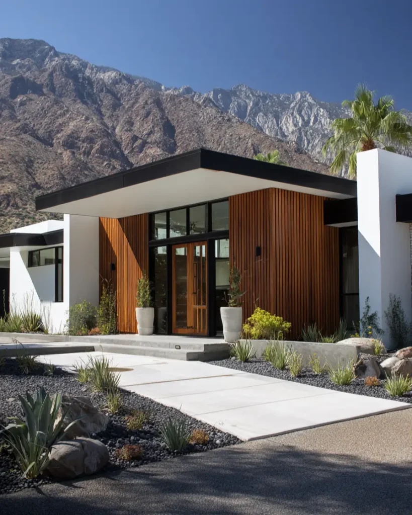 47 White Houses With Black Trim and Wood Accents We Love 43 Vertical teak slats wrapping a desert modern entry against white stucco and black steel