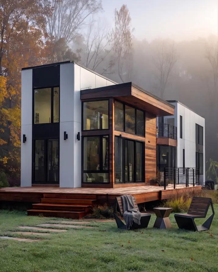 47 White Houses With Black Trim and Wood Accents We Love 44 Mixed-tone reclaimed wood cladding on a projecting bay of a white and black house