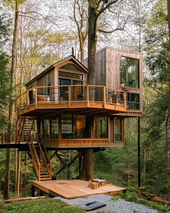 55 Treehouse Design Ideas, From Backyard Platforms to Canopy Cabins 45 Treehouse design ideas with a two-storey timber cabin, wraparound mesh-railed deck and a ground deck at the trunk base