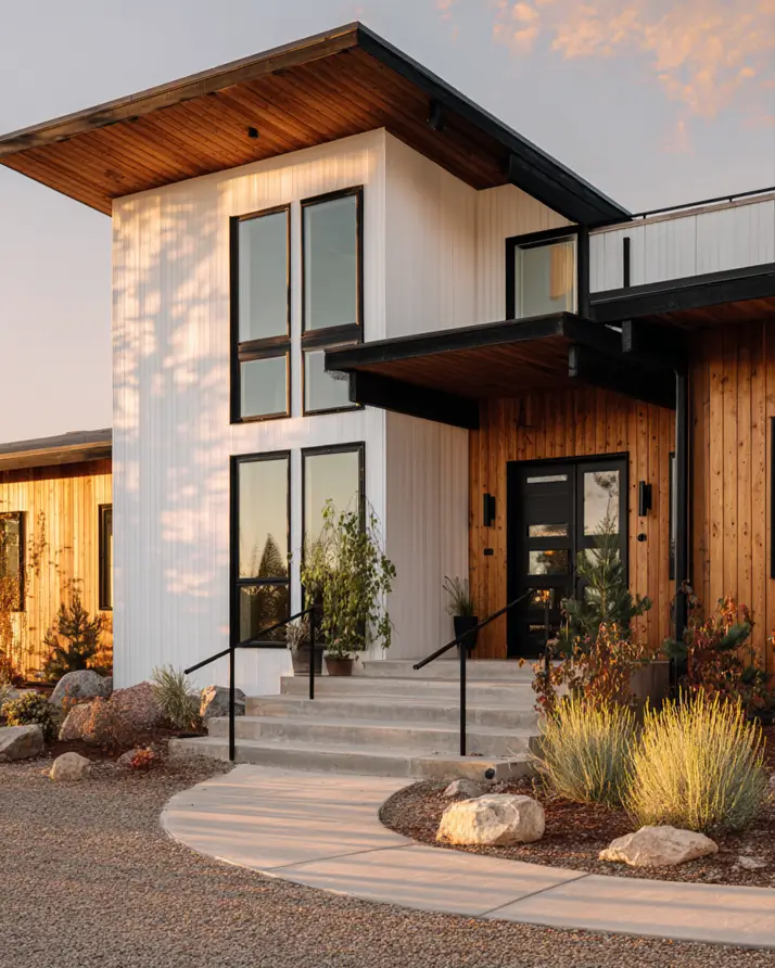 47 White Houses With Black Trim and Wood Accents We Love 45 White house with black trim and wood accents in full cedar wing walls at golden hour