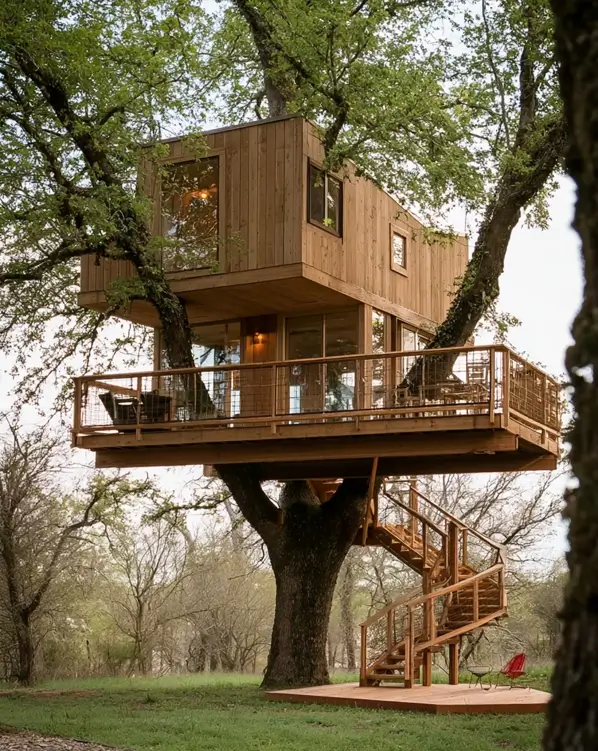 55 Treehouse Design Ideas, From Backyard Platforms to Canopy Cabins 46 Treehouse design ideas with offset cedar volumes, a mesh-railed deck and a spiral stair winding around an oak trunk