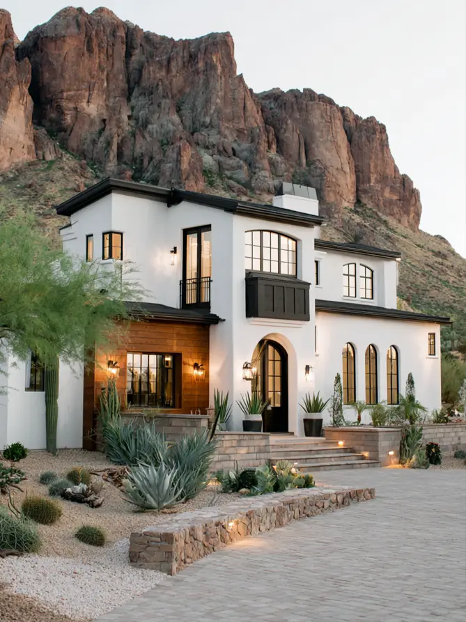 47 White Houses With Black Trim and Wood Accents We Love 46 Cedar shiplap lower wing beneath arched black windows on a white Spanish-style house