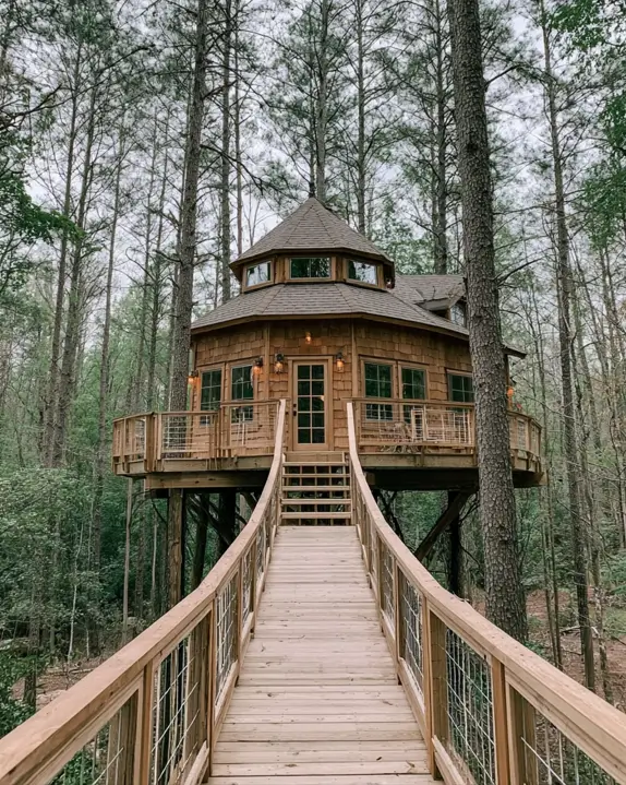 55 Treehouse Design Ideas, From Backyard Platforms to Canopy Cabins 47 Treehouse design ideas with an octagonal cedar shingle cabin on posts reached by a long level timber walkway
