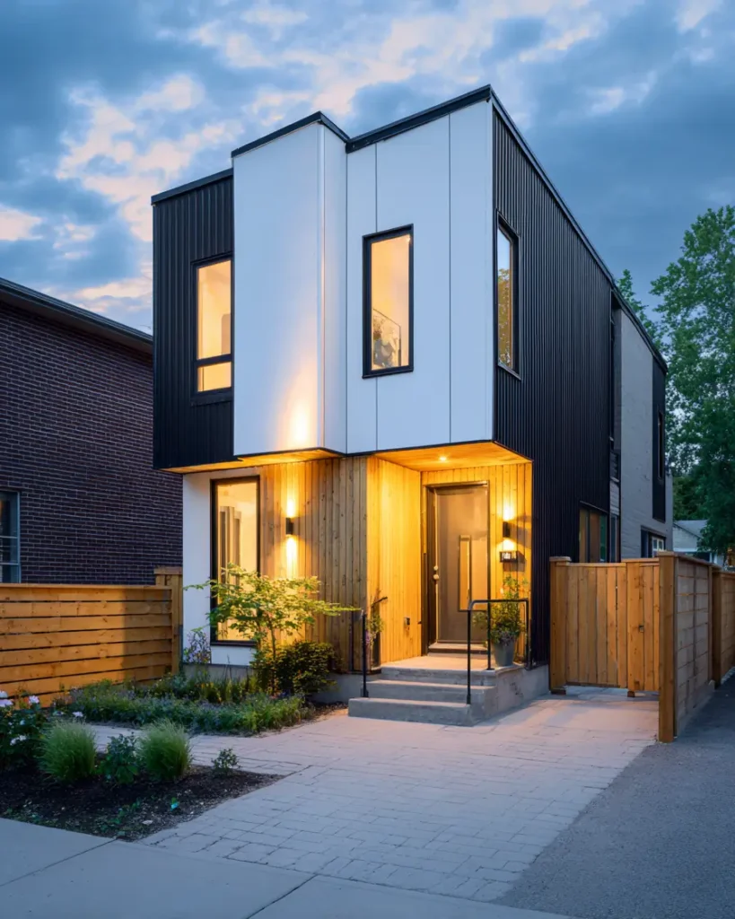 47 White Houses With Black Trim and Wood Accents We Love 47 Pale pine ground floor beneath stacked white and black volumes on an urban infill house