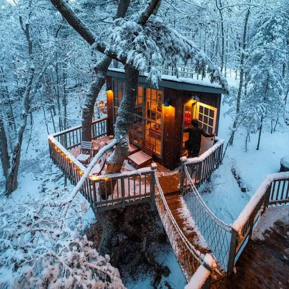 55 Treehouse Design Ideas, From Backyard Platforms to Canopy Cabins 48 Treehouse design ideas with a dark stained cabin, string-lit deck railing and a rope suspension bridge in snow