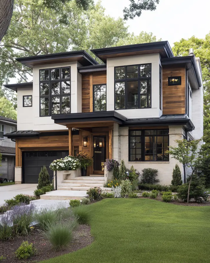 47 White Houses With Black Trim and Wood Accents We Love 48 Cedar infill panels linking the white volumes of a modern house with black trim