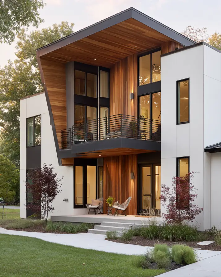 47 White Houses With Black Trim and Wood Accents We Love 49 Modern white house with black trim and wood accents lining a carved two-story cedar recess