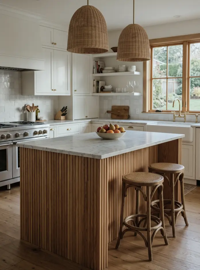 Farmhouse Kitchen Design Ideas: 36 Ways to Get the Look 7 Warm farmhouse kitchen with a fluted wood island, marble top, white cabinets, brass tap, and woven rattan pendant lights