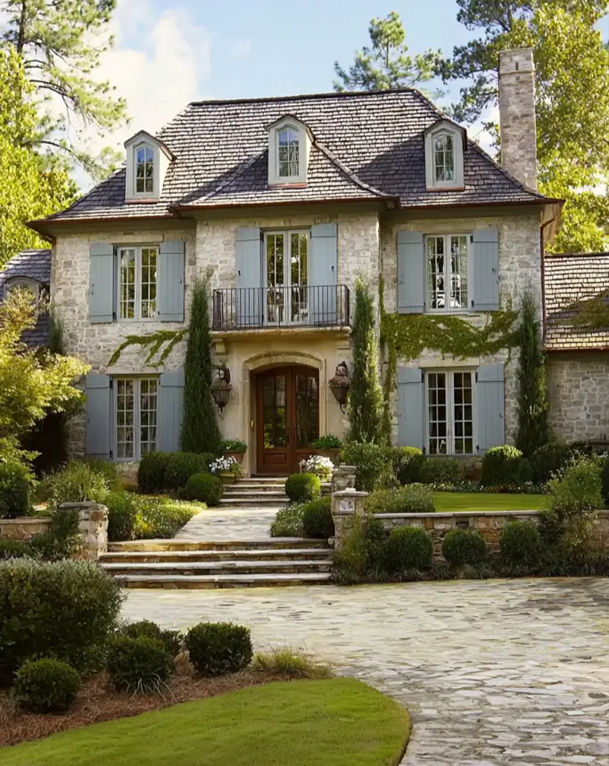 French Country House Style: An Architect's Guide to the Exterior Look 7 French Country House Design with powder-blue louvered shutters against a rough stone facade