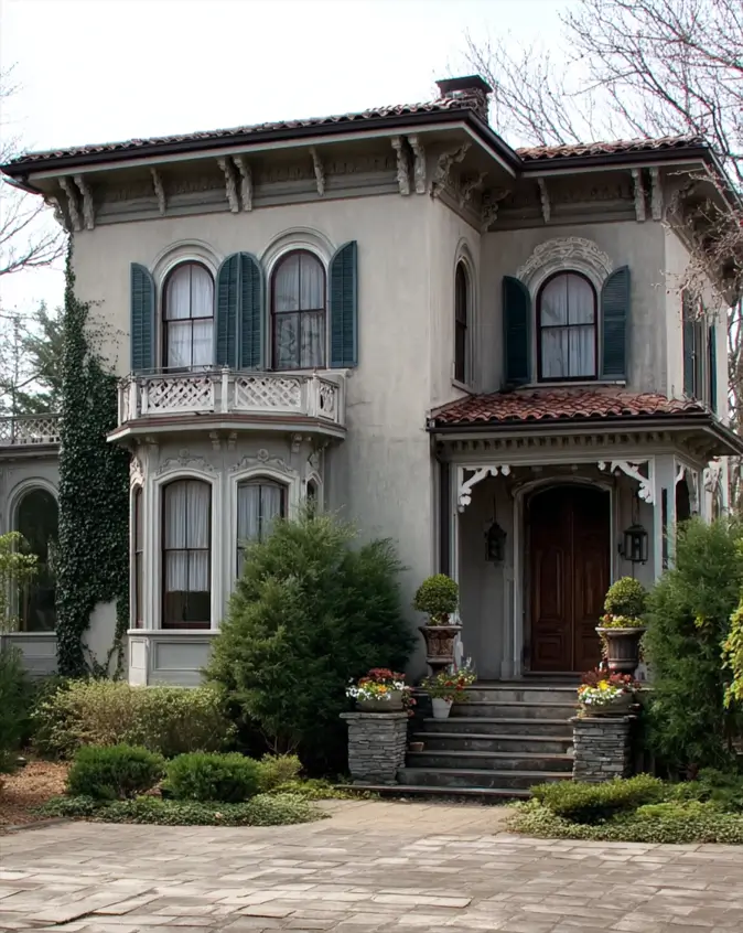 Italianate Style House: 33 Ideas and the Details That Give One Away 7 Gray stucco Italianate style house with paired eave brackets, a canted bay and a lattice balcony above