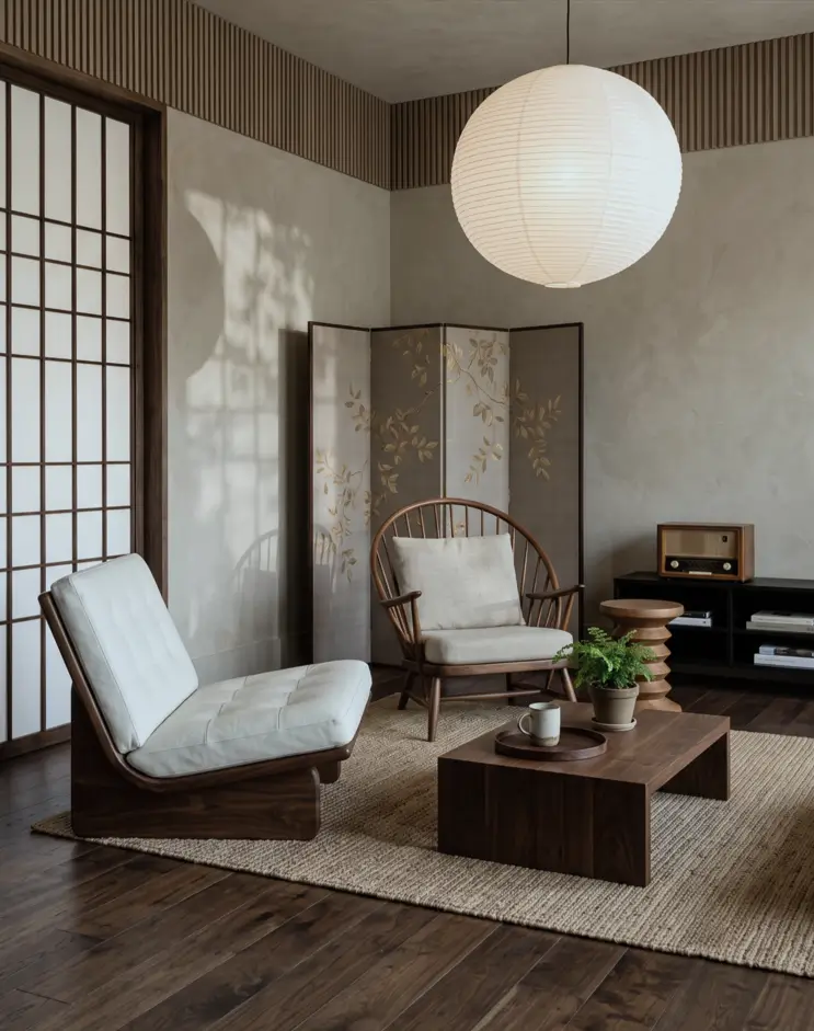 Japandi Style Living Room: Where Japanese Calm Meets Scandinavian Warmth 7 Japandi living room with a round paper lantern, walnut coffee table, shoji screen, and folding screen