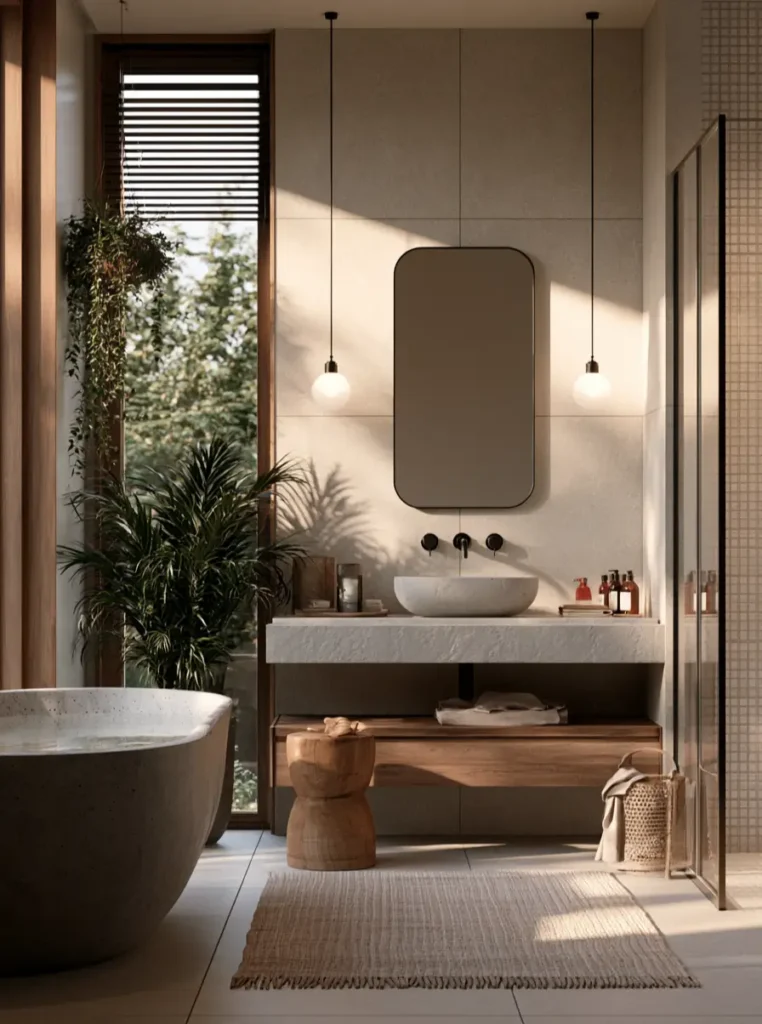 38 Japandi Style Bathroom Ideas for a Quietly Beautiful Space 7 Japandi style bathroom with a sculptural stone tub, stone vanity, and walk-in shower in warm daylight