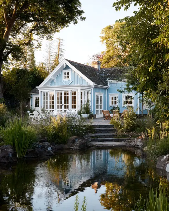 33 Blue and White Cottage Ideas That Always Feel Fresh 7 light blue and white cottage exterior with powder-blue vertical siding, white garden room, decorative gable trim, and a natural pond