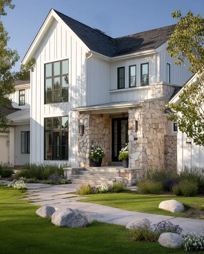 White Farmhouse with Stone Exterior: 29 Ideas That Feel Warm, Not Cold 7 Blond stone entry tower rising two stories on a white farmhouse with black windows