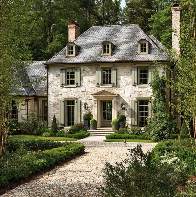 French Country House Style: An Architect's Guide to the Exterior Look 8 French Country House Style home with copper-flashed dormers, sage shutters, and a slate hipped roof