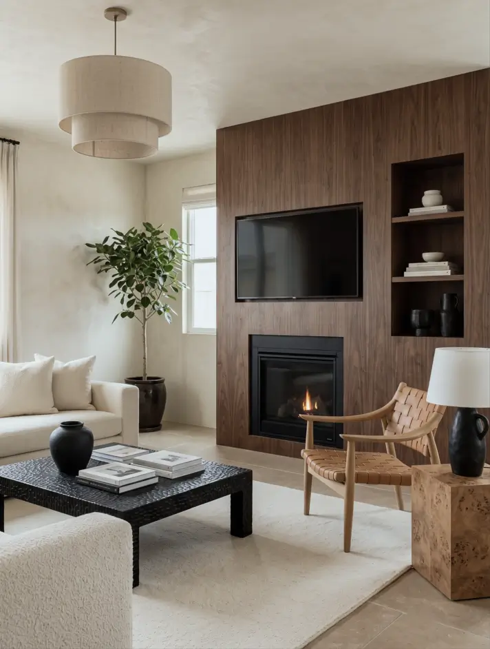 Japandi Style Living Room: Where Japanese Calm Meets Scandinavian Warmth 8 Japandi living room with a walnut feature wall, fireplace, bouclé sofa, and woven leather chair