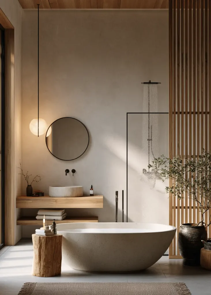 38 Japandi Style Bathroom Ideas for a Quietly Beautiful Space 8 Japandi style bathroom with a stone soaking tub, oak slat screen, and walk-in shower in warm plaster