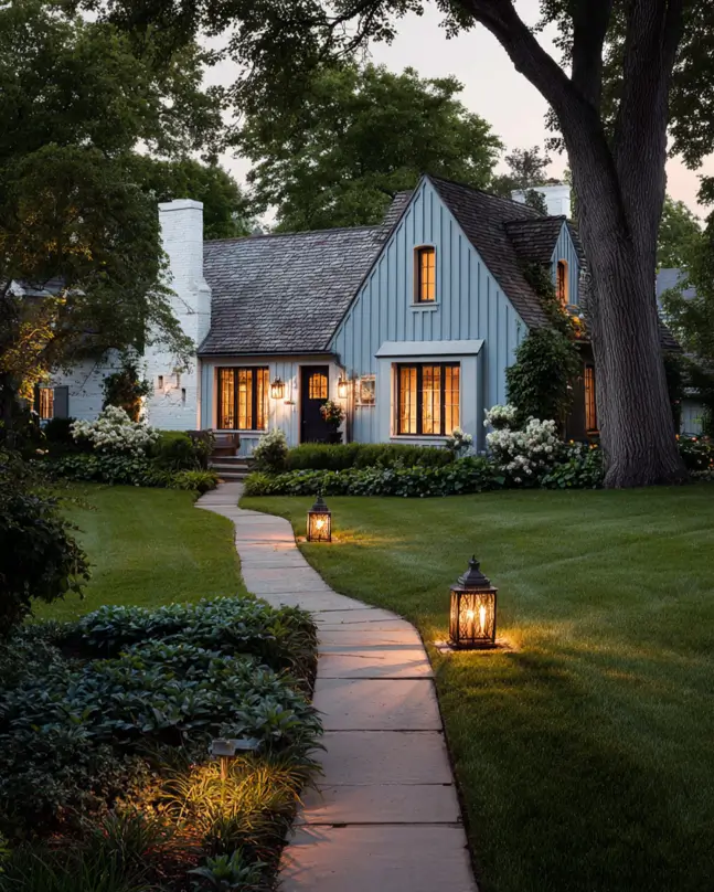 33 Blue and White Cottage Ideas That Always Feel Fresh 8 light blue and white cottage exterior with light-blue board-and-batten siding, white brick chimney, steep gable, and lit lanterns along a stone path at dusk